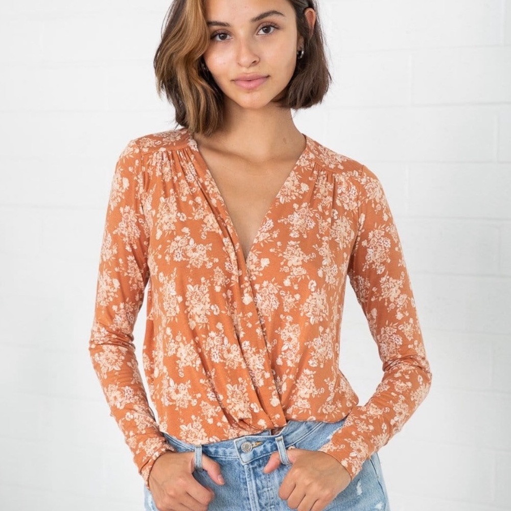 Free People Floral Orange Brown Bodysuit